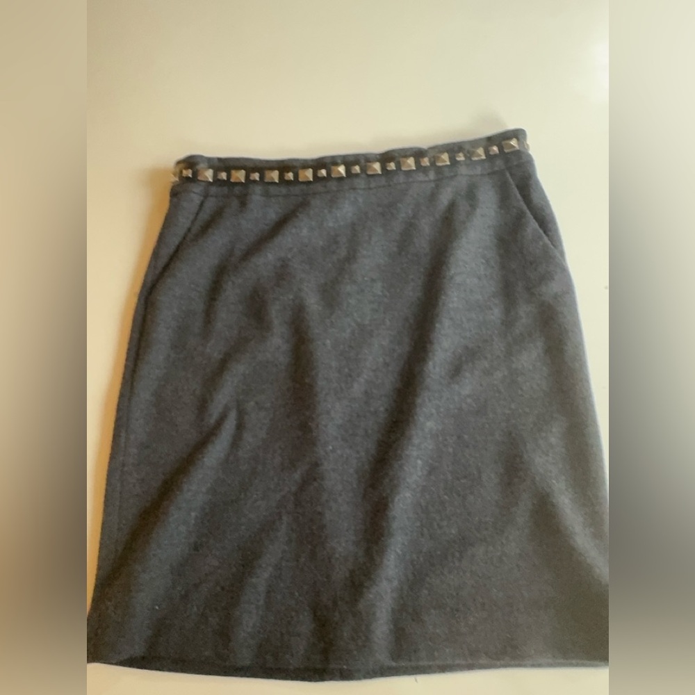 Tory Burch 100% Wool Sylvia Pencil Skirt Studded Leather Trim Size Large